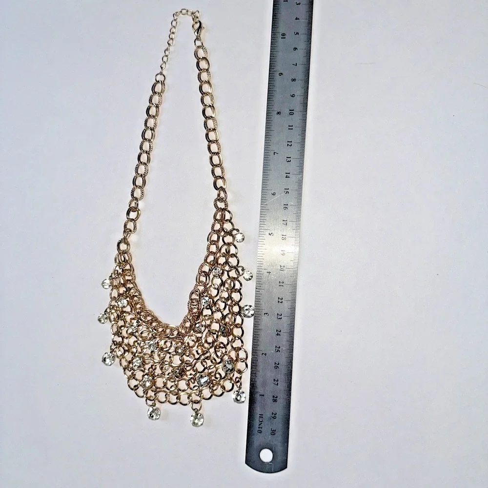 Vintage Y2K Gold Tone Clear Crystal Mesh Bib Waterfall Statement Necklace Glam